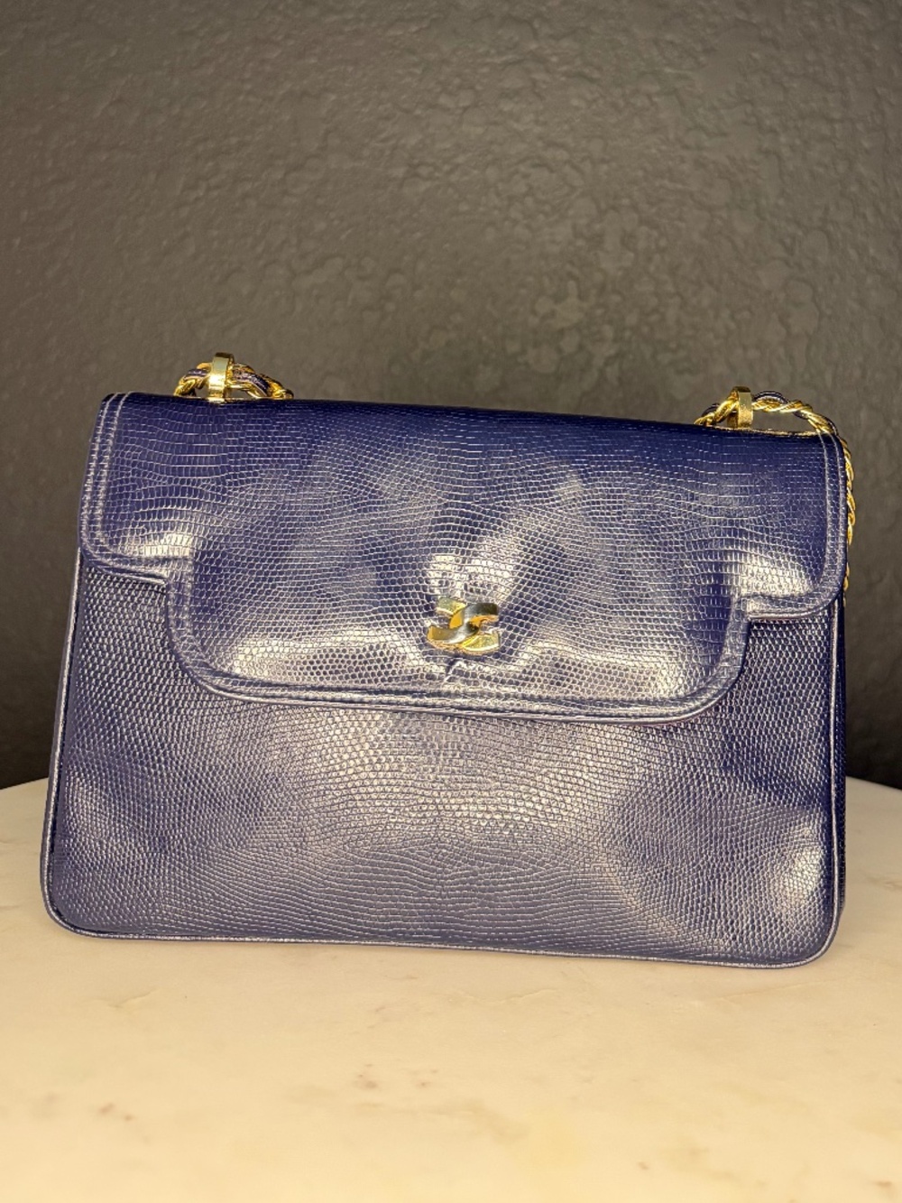 Vintage Maurice Moskowitz Blue Lizard-Embossed Leather Shoulder Bag Gold Chain‎